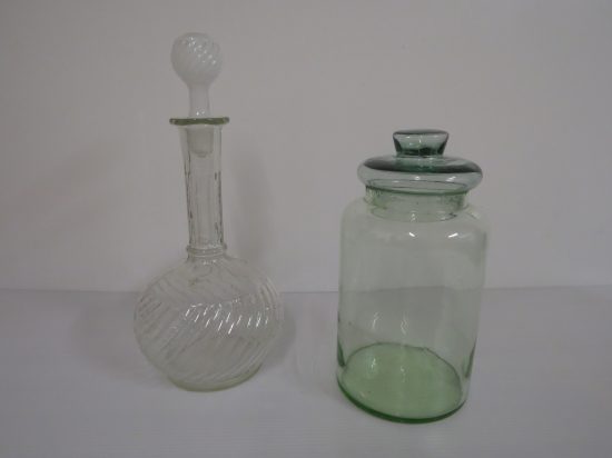 Lote: 80 - Lote: 80 - Bollon antiguo con tapa + botellon de vidrio tallado
